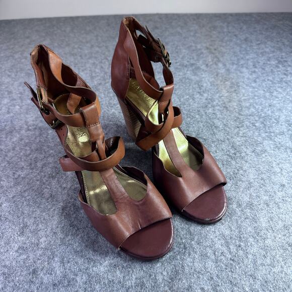 Ralph Lauren Women's 8.5 Brown Leather Double Buckle Block Wood Heels - Picture 1 of 8